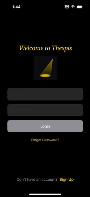 Thespis app login screen